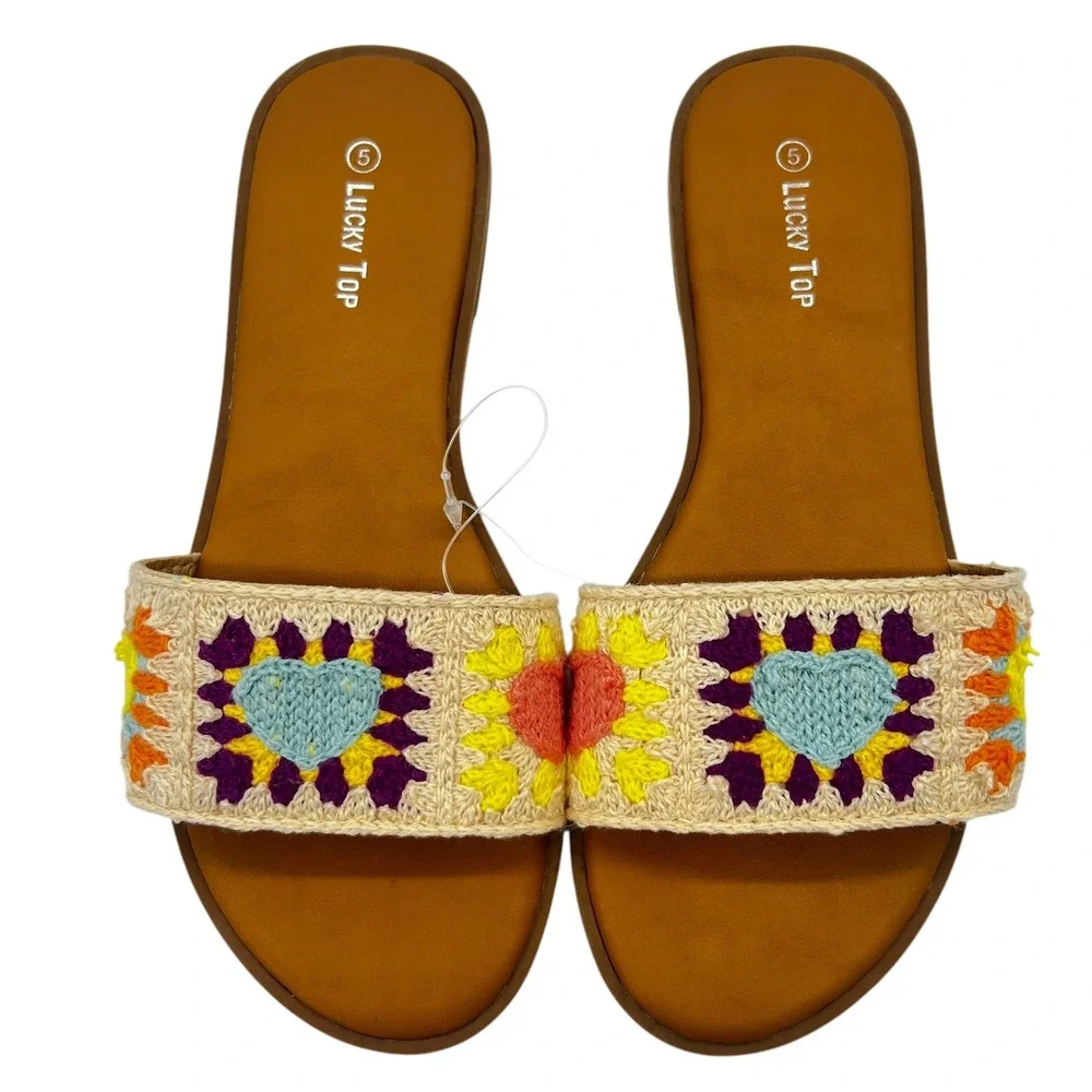 NWOT Lucky Top ONO-1K Girls Slide Sandals 5 Embellished‎ Woven Strap Colorful